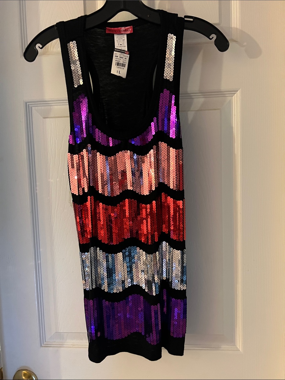 Body Central Black Sequin Tank with Purple, Red, Silver, Pink Stripes